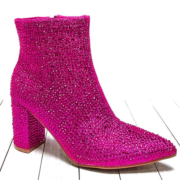 Restocked New Fuchsia Pink Rhinestone Pointed Toe Chunky Heel Ankle Boots Bootie - Picture 4 of 9